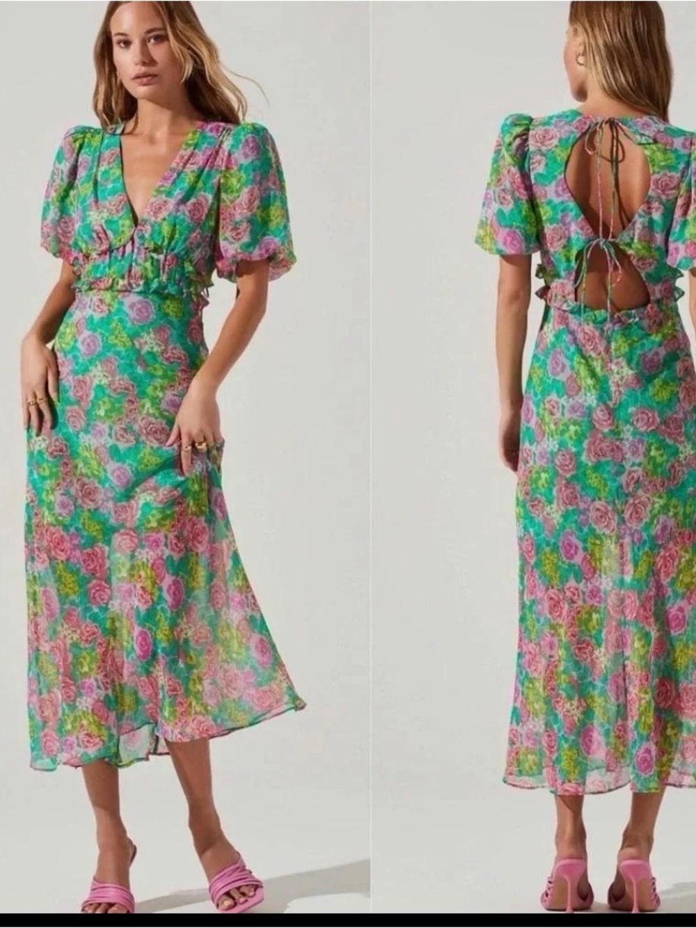 ASTR the Label Esperanza V-Neck Midi Dress in Pink & Green